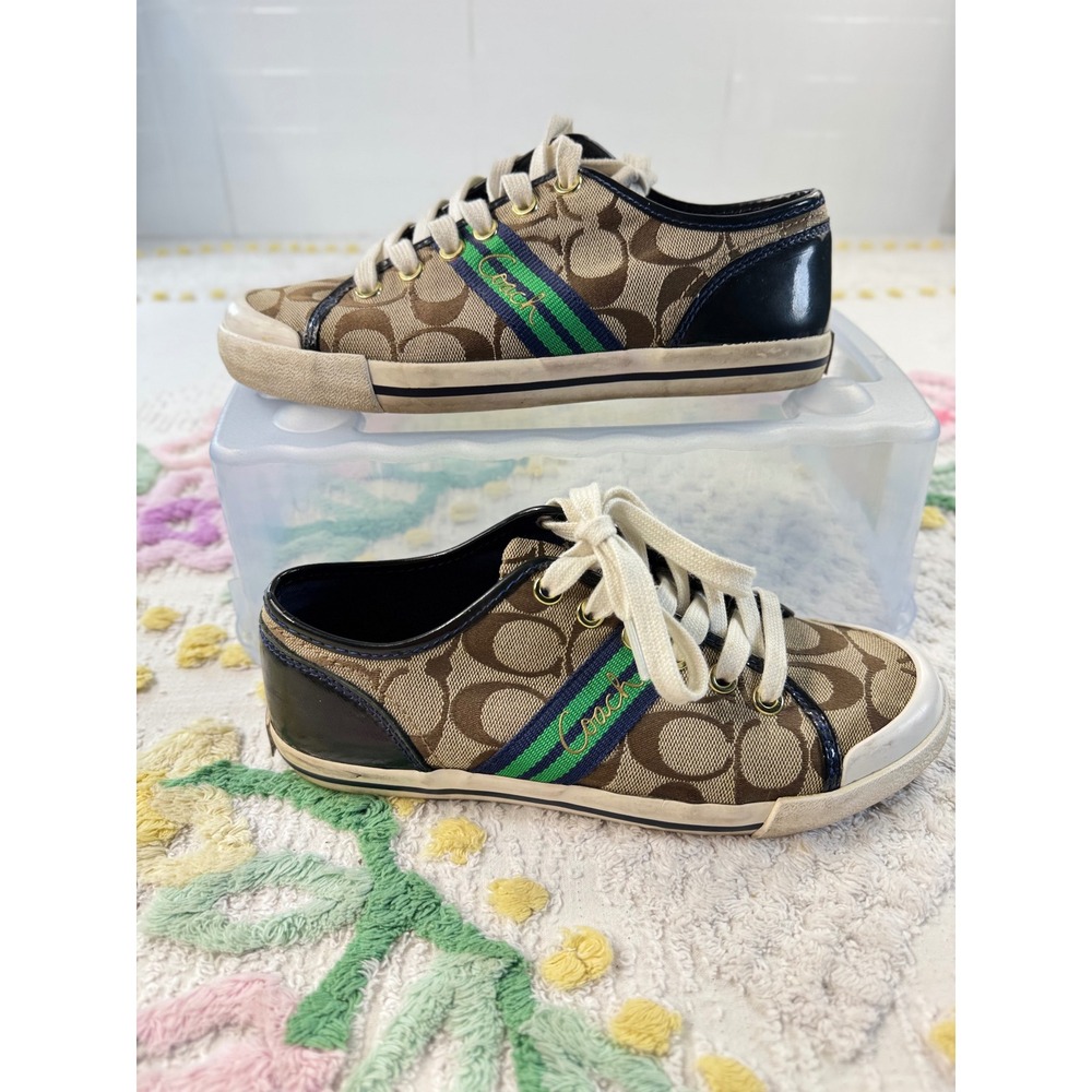 Coach Polly Signature Monogram Canvas Sneakers Brown Blue Green Womens 5.5B - Picture 1 of 7